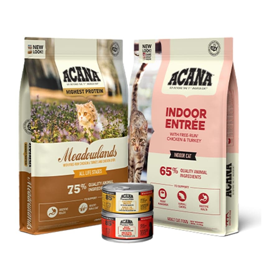 Bags of ACANA Meadowlands and Indoor Entrée cat food
