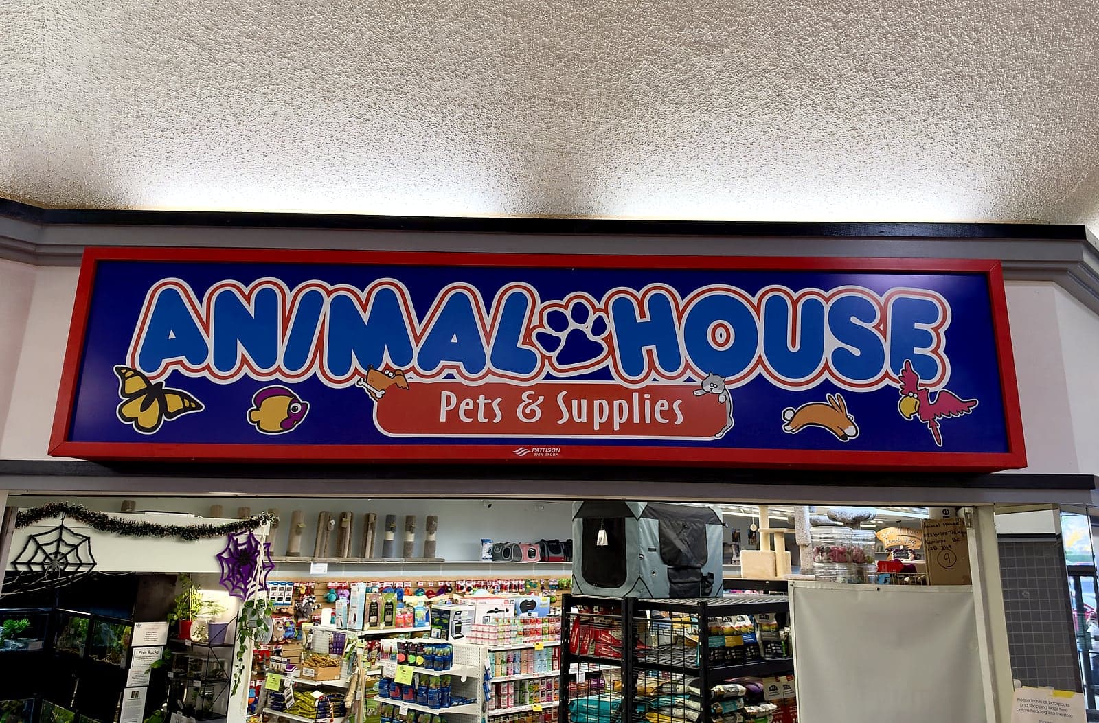 The Animal House Pets & Supplies sign above the store entrance inside Northills Shopping Centre