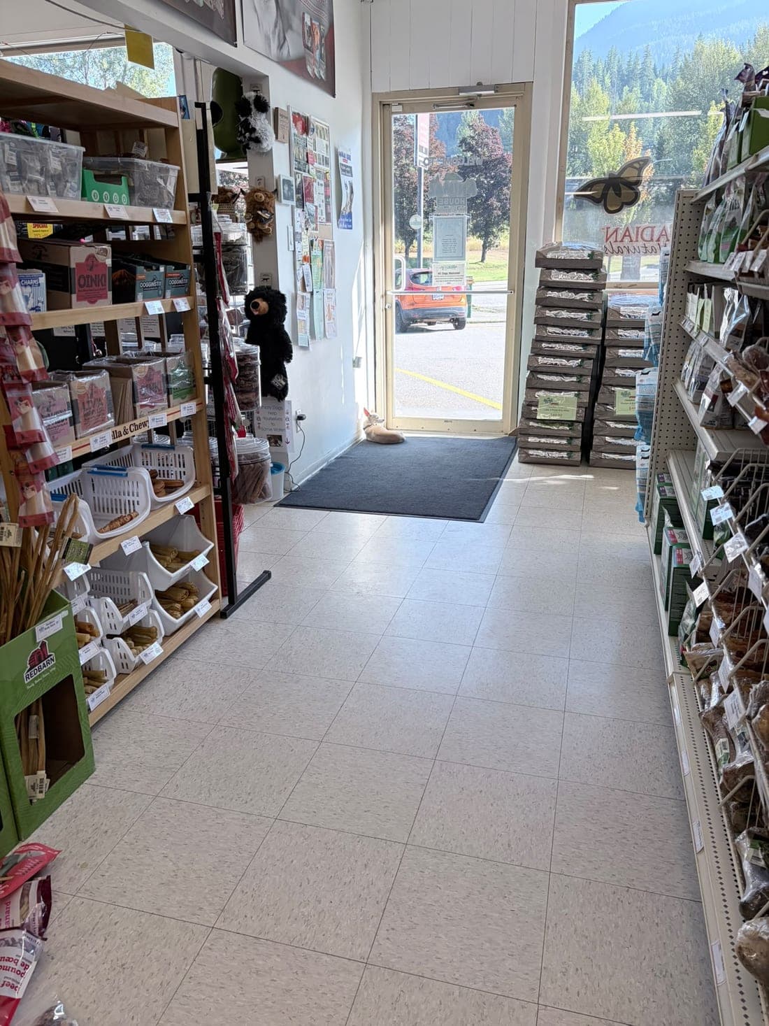 Looking out the Revelstoke store's front door past shelves of treats, with the mountains outside