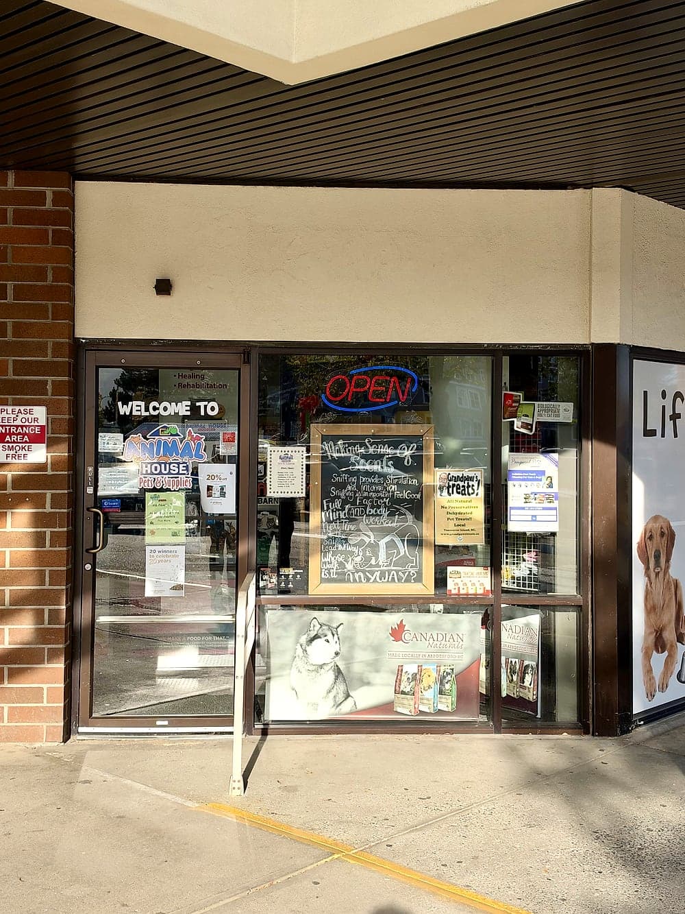 The store's glass front door with a Welcome sign and an Open sign